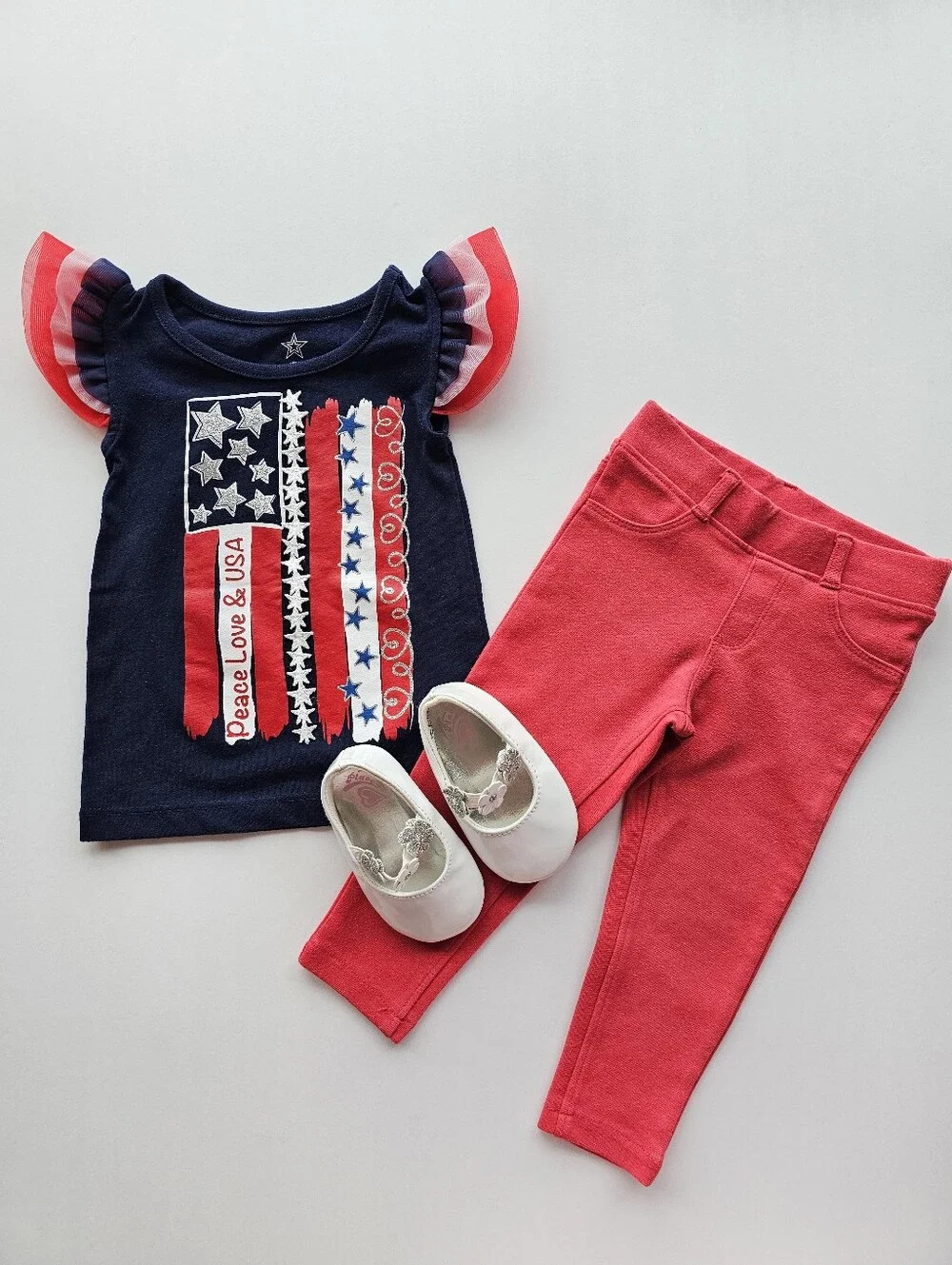 Baby 12-18m Red Navy & White Patriotic Ruffle Sleeve Tee with Red Leggings Shoes